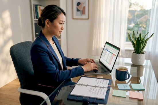 Professional woman creating budget at home desk