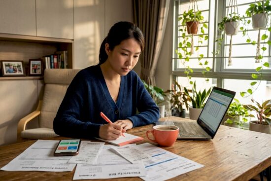 Young woman organizing finances at dining table