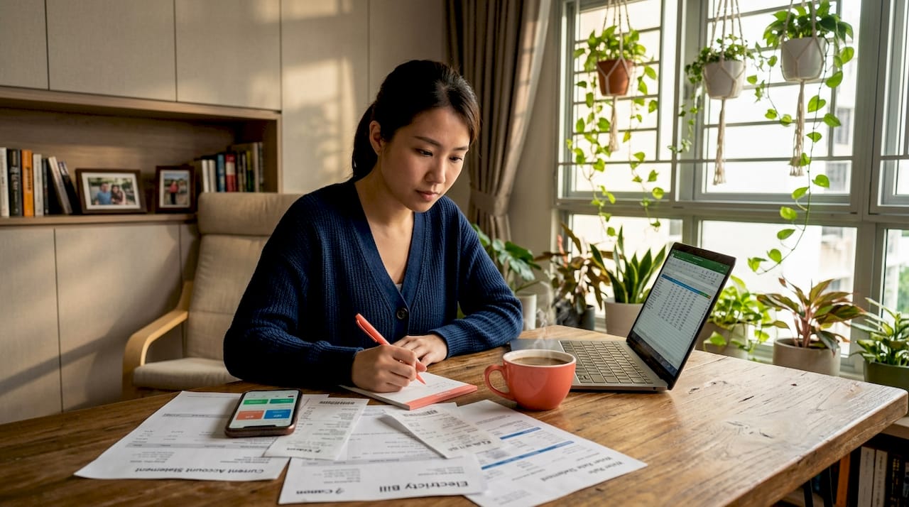 Financial goals in your 20s: Singapore 2026 guide 1 Young woman organizing finances at dining table