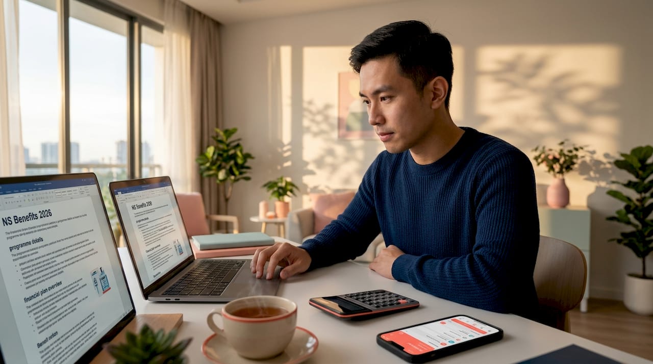 Singapore NS financial benefits explained: 2026 guide 1 Man reviewing NS financial benefits documents at home