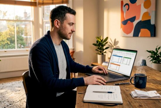 Man tracking personal expenses at home desk