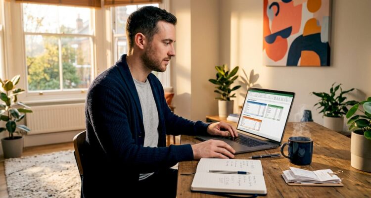 Man tracking personal expenses at home desk