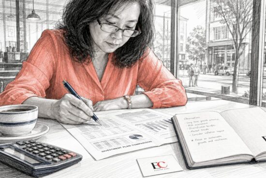 Woman reviewing investment documents at home desk