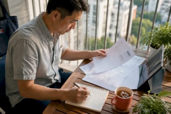 Man reviewing budgeting papers at home desk