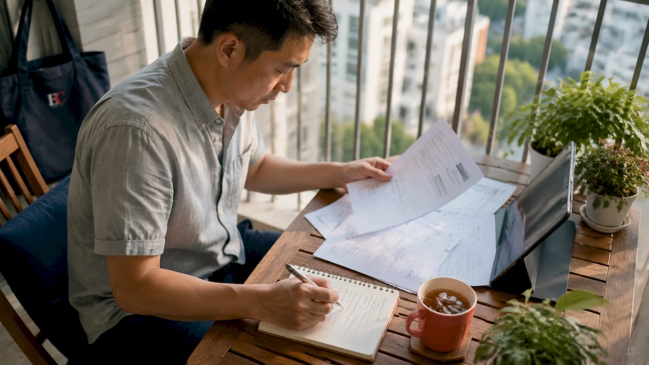 How much savings should I have at 35? 1 Man reviewing budgeting papers at home desk