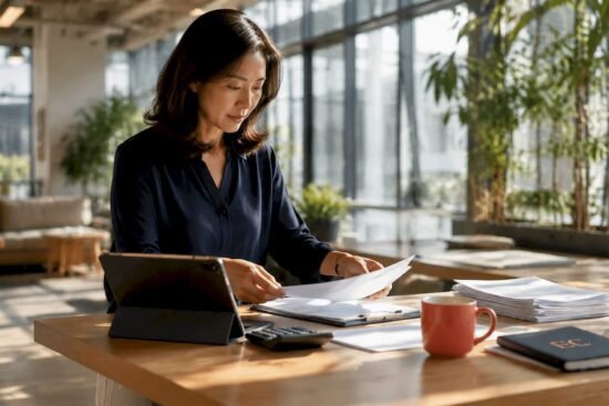 Insurance agent sorting commission documents