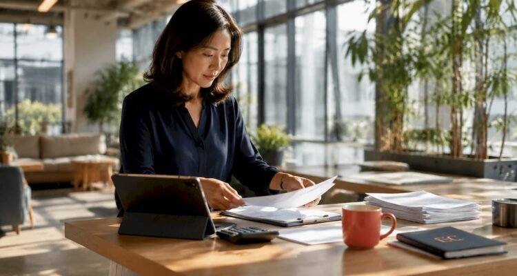 Insurance agent sorting commission documents