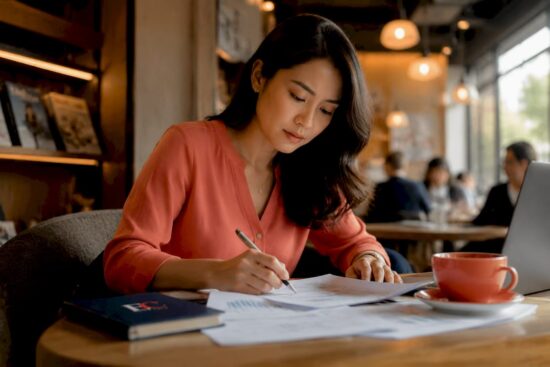 Woman reviewing Singapore income tax documents at home office