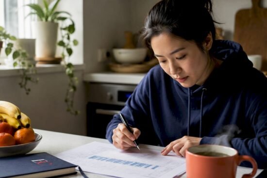 Young adult woman reviewing budget at home