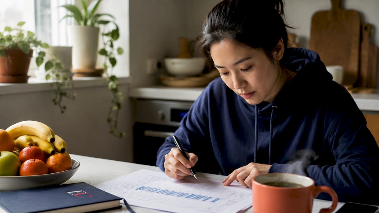 Set financial goals early: 2026 guide for young adults 1 Young adult woman reviewing budget at home