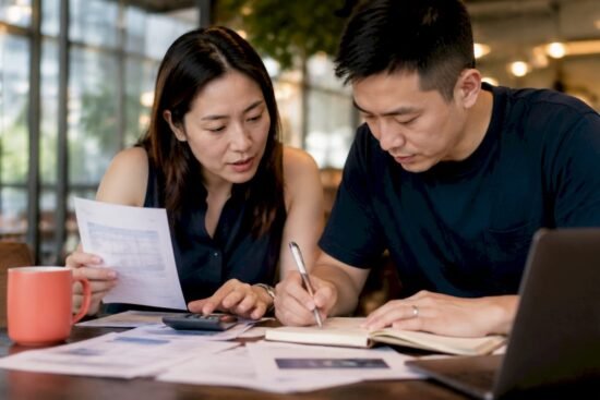 Singaporean couple budgeting at home dining table