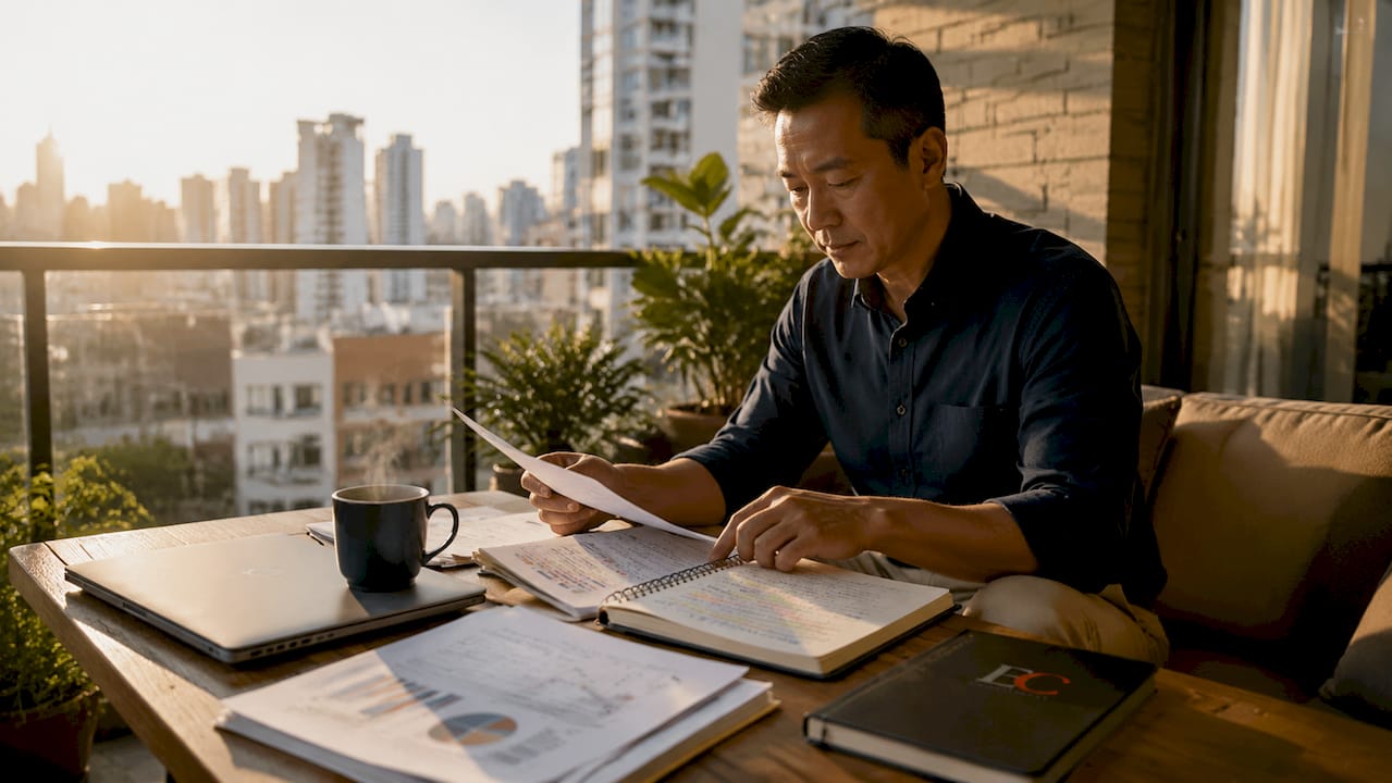 Singapore property investment explained: 2026 guide 1 Investor reviewing Singapore property reports at home desk