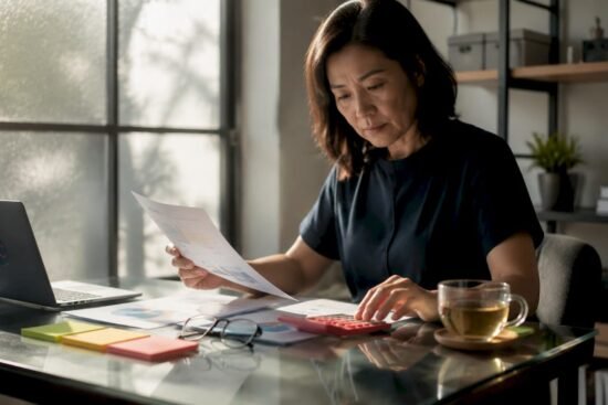 Woman planning retirement budget at home