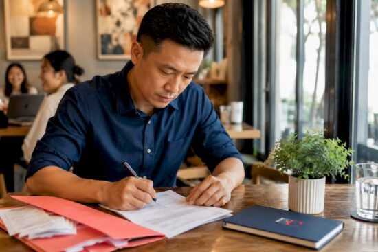 Man filling financial assistance forms at home