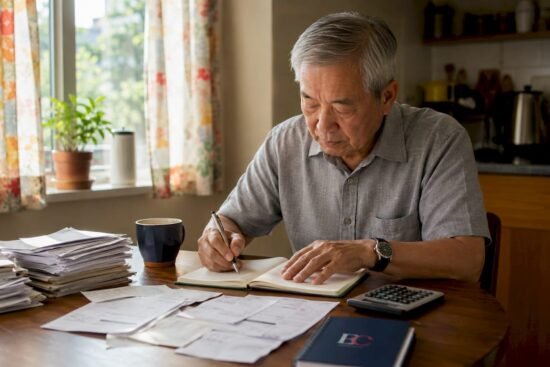Elderly Singaporean male budgeting at home table