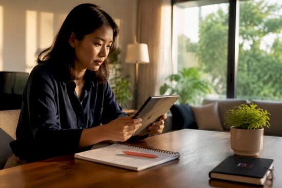 Woman comparing rent listings in Singapore apartment