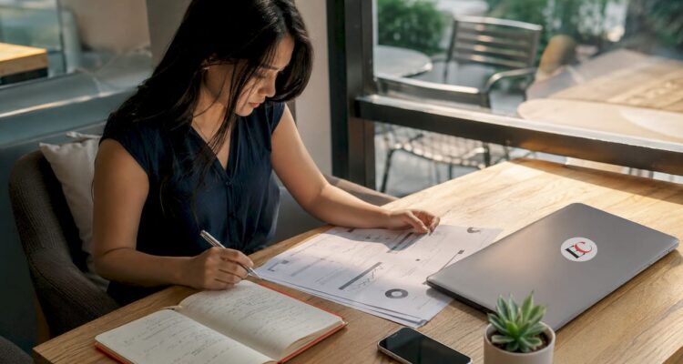 Young woman reviewing investment documents in home