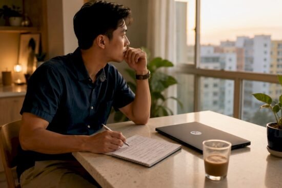 Young man budgeting finances at home table