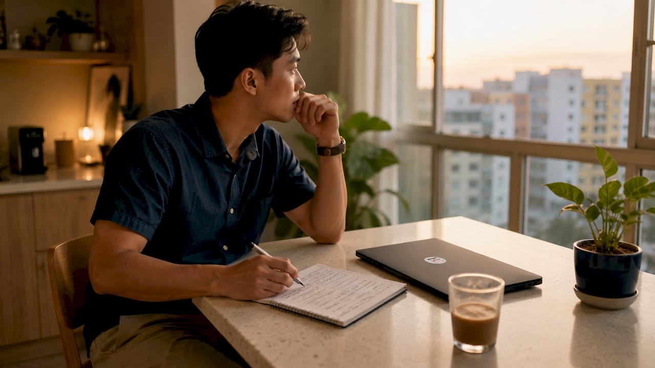 Why start investing early: your 2026 Singapore guide 1 Young man budgeting finances at home table