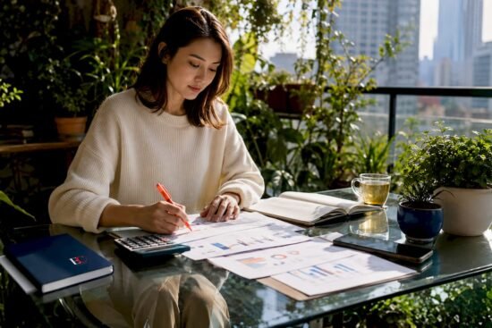 Woman planning financial goals at home table