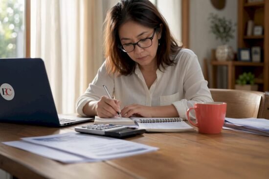 Woman making financial recovery plan at home table