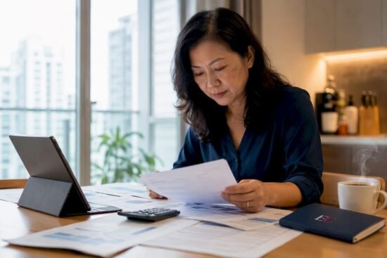 Woman reviewing credit documents at home table