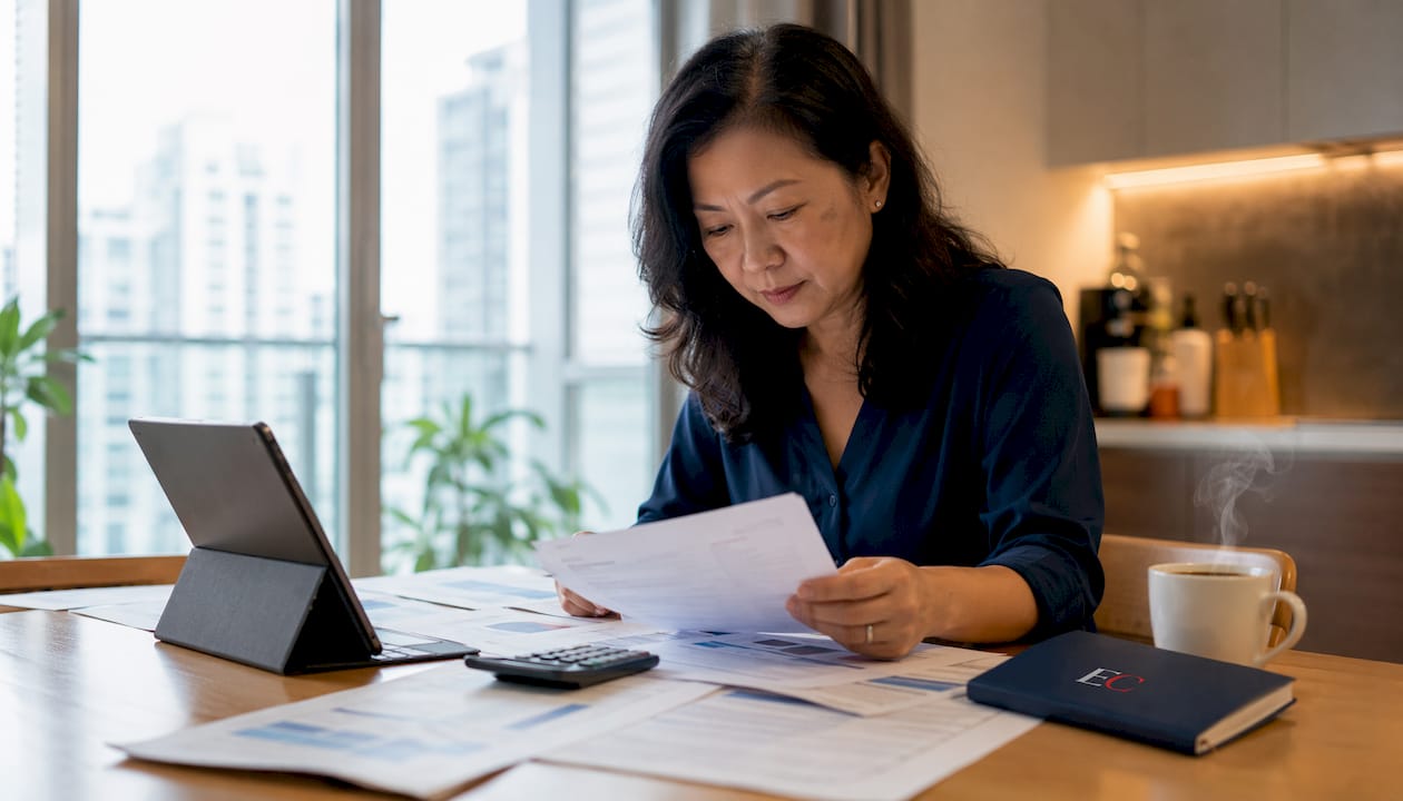Role of credit score in Singapore: your 2026 guide 1 Woman reviewing credit documents at home table