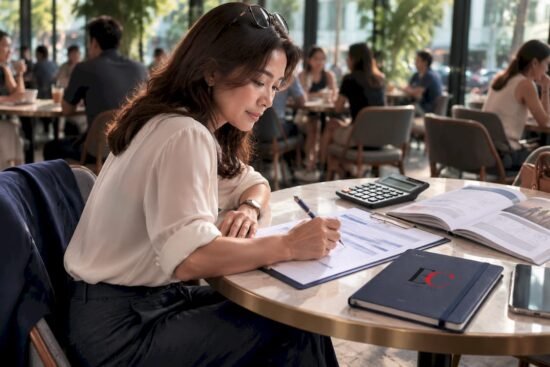 Woman reviewing endowment plan documents at desk