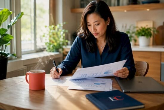 Insurance agent reviewing commission reports at desk