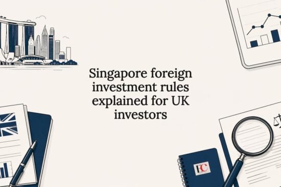 Decorative title card with Singapore and UK investment icons